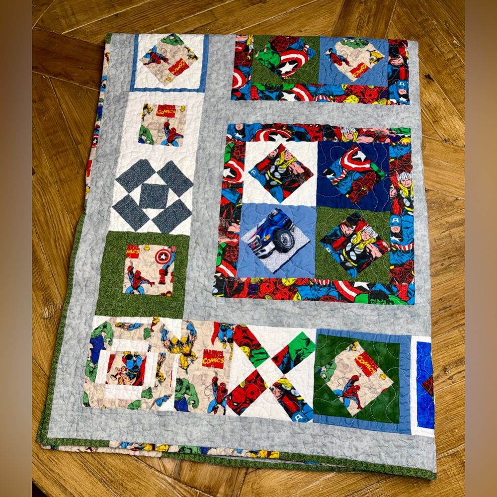 Handmade Marvel quilted blanket - approx. 45” x 58” - Spider-Man, Hulk, & pals